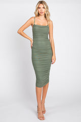 Olive Ruched Mesh Square Neck Midi Dress