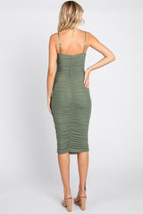 Olive Ruched Mesh Square Neck Midi Dress