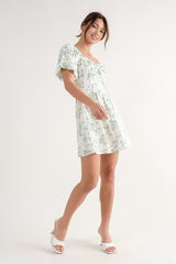 Green Square Neck Puff Sleeve Mini Dress