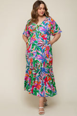 White Floral Button Front Flutter Short Sleeve Maternity Plus Maxi Dress