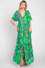 Green Floral Button Front Flutter Short Sleeve Maternity Maxi Dress