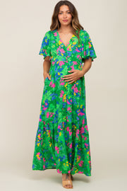 Green Floral Button Front Flutter Short Sleeve Maternity Maxi Dress