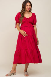 Burgundy Shirred Front Tie Short Sleeve Tiered Maternity Midi Dress