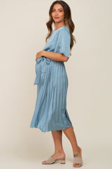 Blue Satin Pleated Maternity Midi Dress