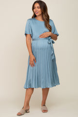 Blue Satin Pleated Maternity Midi Dress