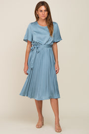 Blue Satin Pleated Midi Dress