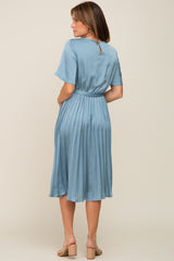 Blue Satin Pleated Midi Dress