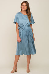 Blue Satin Pleated Midi Dress