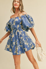 Blue Cream Floral Print Bubble Sleeve Flared Mini Dress