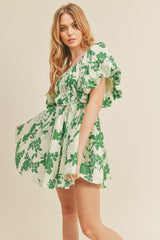 Mint Green Floral Print Bubble Sleeve Flared Mini Dress