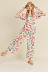 Ivory Floral Floral Wide Leg Puff Sleeve Jumpsuit