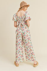 Ivory Floral Floral Wide Leg Puff Sleeve Jumpsuit