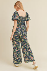 Navy Floral Floral Wide Leg Puff Sleeve Jumpsuit