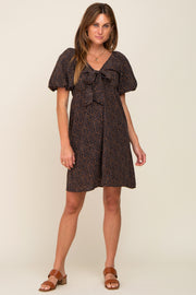 Navy Cheetah Print Knotted Puff Sleeve Dress