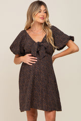 Navy Cheetah Print Knotted Puff Sleeve Maternity Dress