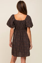 Navy Cheetah Print Knotted Puff Sleeve Dress