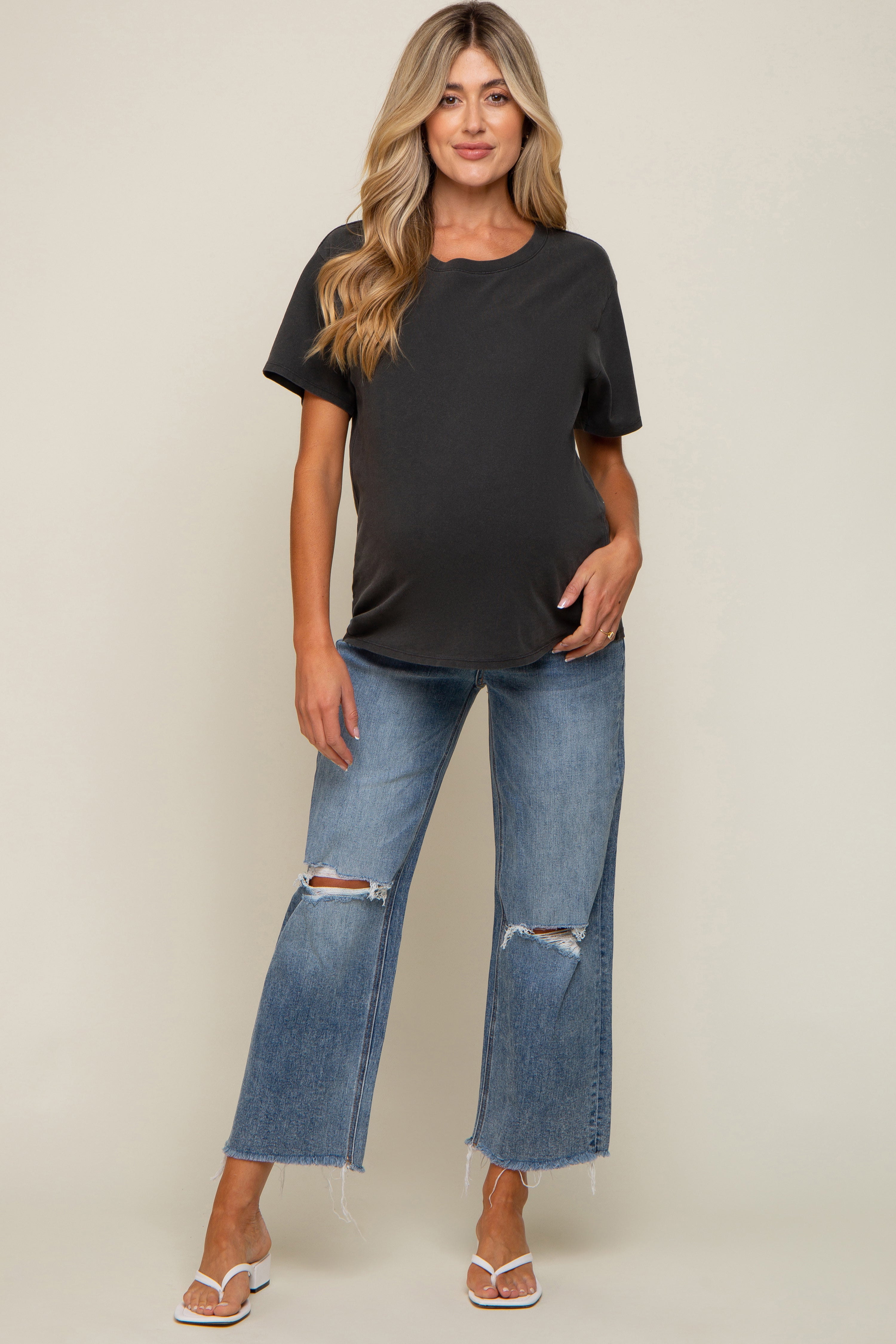 Blue Wide Leg Distressed Knee Maternity Jeans– PinkBlush