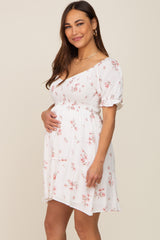 White Floral Smocked Short Puff Sleeve Maternity Dress