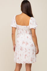 White Floral Smocked Short Puff Sleeve Maternity Dress