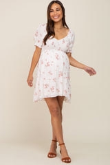 White Floral Smocked Short Puff Sleeve Maternity Dress