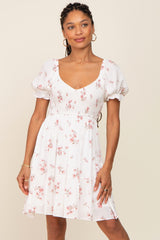 White Floral Smocked Short Puff Sleeve Maternity Dress