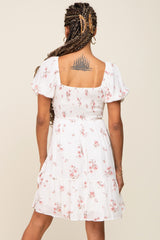 White Floral Smocked Short Puff Sleeve Dress