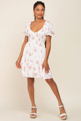 White Floral Smocked Short Puff Sleeve Dress