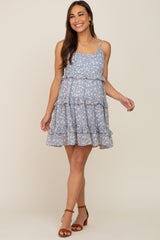 Light Blue Floral Ruffle Tier Maternity Dress