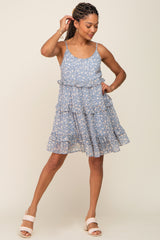 Light Blue Floral Ruffle Tier Dress