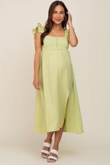 Lime Square Neck Button Front Ruffle Shoulder Cutout Back Maternity Midi Dress