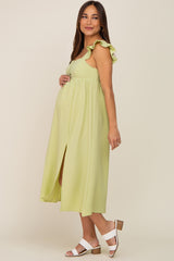 Lime Square Neck Button Front Ruffle Shoulder Cutout Back Maternity Midi Dress