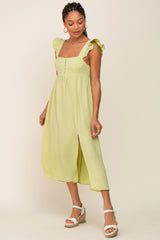 Lime Square Neck Button Front Ruffle Shoulder Cutout Back Maternity Midi Dress