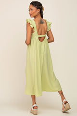 Lime Square Neck Button Front Ruffle Shoulder Cutout Back Midi Dress