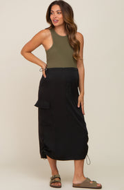 Black Drawstring Maternity Midi Cargo Skirt