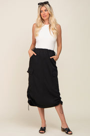 Black Drawstring Midi Cargo Skirt