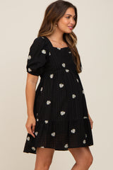 Black Floral Embroidered Puff Sleeve Maternity Dress