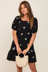 Black Floral Embroidered Puff Sleeve Maternity Dress