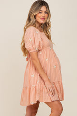 Peach Floral Embroidered Puff Sleeve Maternity Dress