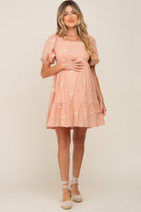 Peach Floral Embroidered Puff Sleeve Maternity Dress