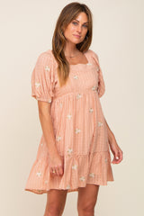 Peach Floral Embroidered Puff Sleeve Maternity Dress