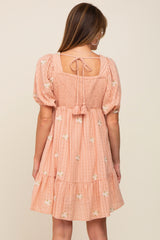 Peach Floral Embroidered Puff Sleeve Dress