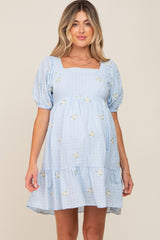 Light Blue Floral Embroidered Puff Sleeve Maternity Dress