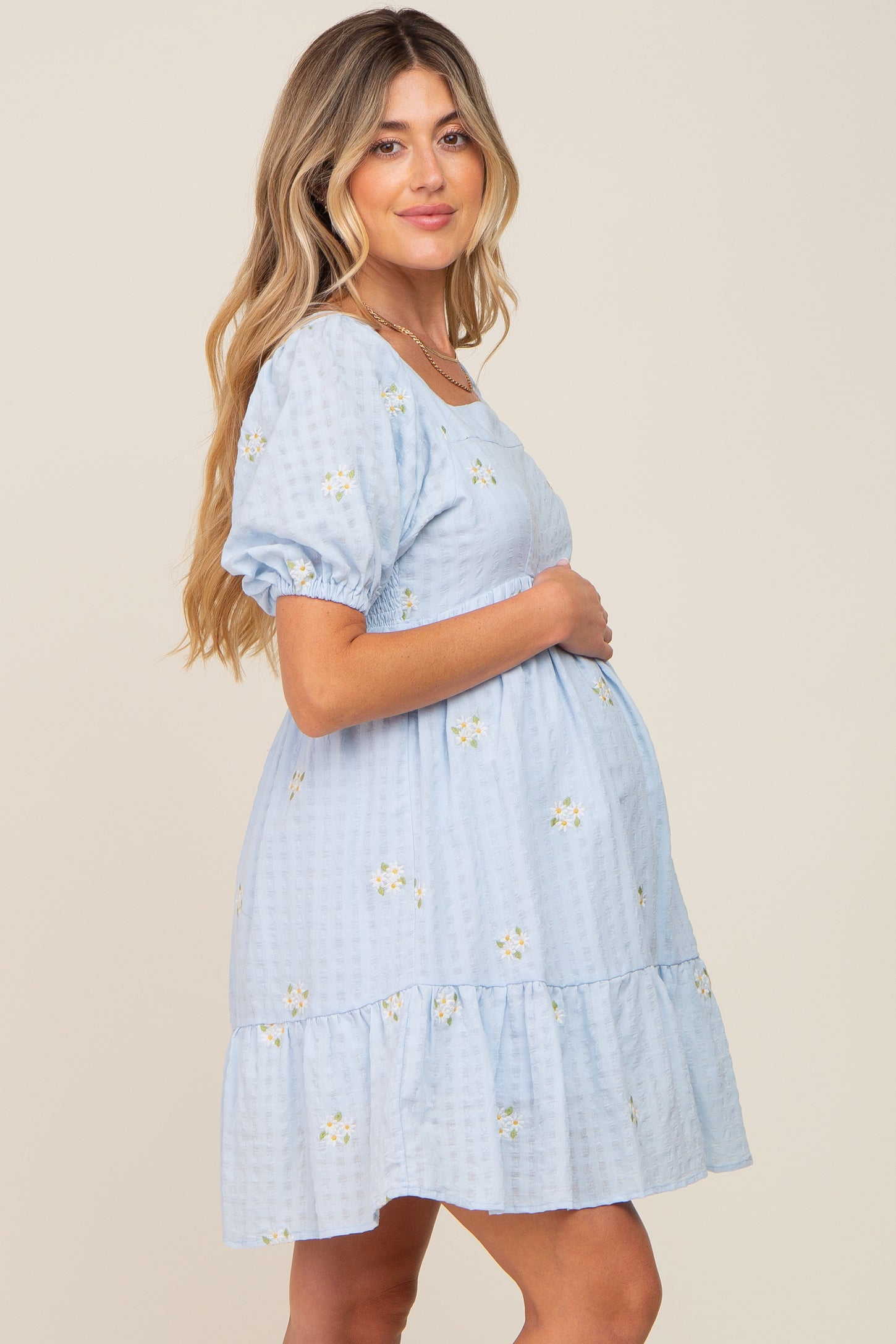 PinkBlush Light Blue Rose Floral Fitted Maternity Dress