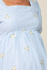 Light Blue Floral Embroidered Puff Sleeve Maternity Dress