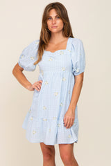 Light Blue Floral Embroidered Puff Sleeve Maternity Dress