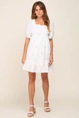 White Floral Embroidered Puff Sleeve Dress