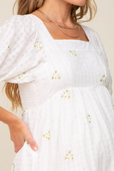 White Floral Embroidered Puff Sleeve Maternity Dress