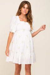 White Floral Embroidered Puff Sleeve Dress