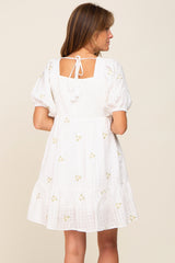 White Floral Embroidered Puff Sleeve Dress