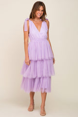 Lavender Sleeveless Tiered Tie Strap Tulle Maternity Midi Dress